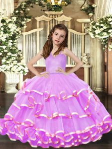 Sleeveless Organza Floor Length Lace Up Little Girls Pageant Gowns in Lavender with Ruffled Layers