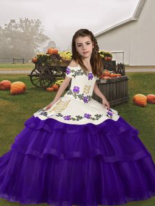 Classical Purple Lace Up Little Girls Pageant Dress Wholesale Embroidery and Ruffled Layers Sleeveless Floor Length