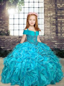 Aqua Blue Sleeveless Beading Floor Length Little Girl Pageant Gowns