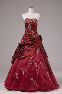 Sophisticated Ball Gowns Quince Ball Gowns Burgundy Strapless Organza and Taffeta Sleeveless Floor Length Lace Up