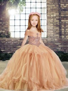 Best Straps Sleeveless Lace Up Little Girl Pageant Gowns Champagne Tulle