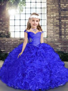 Floor Length Royal Blue Little Girl Pageant Gowns Fabric With Rolling Flowers Sleeveless Beading