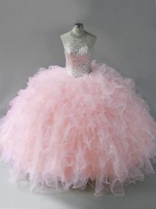 Eye-catching Pink Sleeveless Tulle Lace Up 15th Birthday Dress for Sweet 16 and Quinceanera