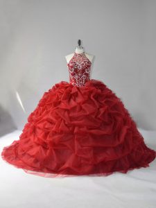 Gorgeous Beading and Pick Ups Quinceanera Gown Wine Red Lace Up Sleeveless Court Train