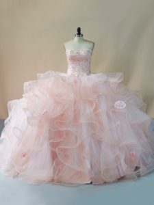 Edgy Tulle Sweetheart Sleeveless Brush Train Lace Up Beading and Ruffles and Hand Made Flower Sweet 16 Dresses in Pink
