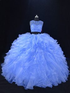 Blue Zipper Sweet 16 Dress Beading and Ruffles Sleeveless Floor Length