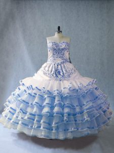 Suitable Floor Length Ball Gowns Sleeveless Blue And White Quince Ball Gowns Lace Up