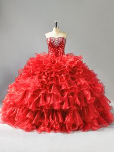 Beautiful Organza Sweetheart Sleeveless Lace Up Beading and Ruffles and Sequins Ball Gown Prom Dress in Red