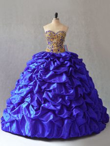 Wonderful Sleeveless Taffeta Brush Train Lace Up 15 Quinceanera Dress in Royal Blue with Beading and Pick Ups