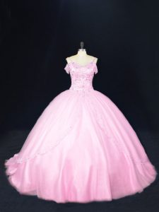 Baby Pink Lace Up Off The Shoulder Beading Quinceanera Gowns Tulle Sleeveless Court Train