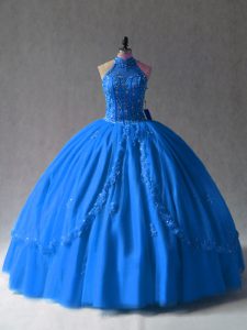 Hot Sale Royal Blue Sleeveless Floor Length Beading and Appliques Side Zipper Quinceanera Dress