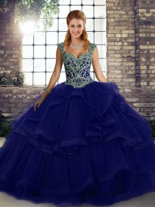 Purple Tulle Lace Up Quince Ball Gowns Sleeveless Floor Length Beading and Ruffles