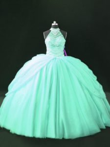 Apple Green Tulle Lace Up Halter Top Sleeveless Floor Length Quinceanera Gowns Beading