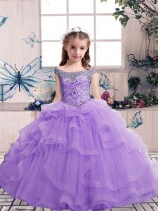 Latest Lavender Sleeveless Beading and Ruffles Floor Length Kids Formal Wear