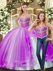 Trendy Floor Length Lace Up Quince Ball Gowns Lilac for Sweet 16 and Quinceanera with Beading