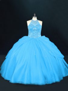 Custom Designed Aqua Blue Ball Gowns Halter Top Sleeveless Tulle Floor Length Lace Up Beading 15th Birthday Dress