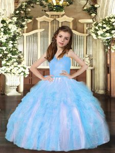 Wonderful Aqua Blue Ball Gowns Ruffles Kids Pageant Dress Lace Up Tulle Sleeveless Floor Length