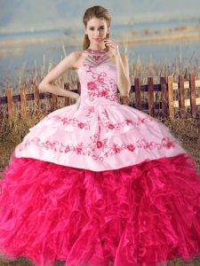 Flare Hot Pink Halter Top Lace Up Embroidery and Ruffles 15 Quinceanera Dress Court Train Sleeveless