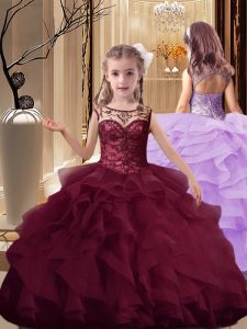 Classical Scoop Sleeveless Brush Train Lace Up Little Girls Pageant Dress Wholesale Burgundy Organza