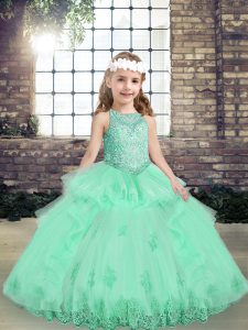 Sweet Apple Green Sleeveless Floor Length Lace and Appliques Lace Up Little Girls Pageant Gowns