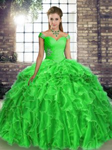 Sleeveless Organza Brush Train Lace Up 15 Quinceanera Dress in Green with Beading and Ruffles