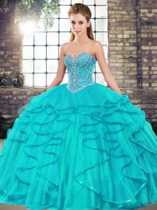 Adorable Sweetheart Sleeveless Tulle Quince Ball Gowns Beading and Ruffles Lace Up