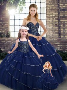 Cute Ball Gowns Sleeveless Navy Blue Quinceanera Gowns Brush Train Lace Up
