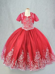 Latest Red Lace Up Spaghetti Straps Beading and Embroidery Kids Formal Wear Tulle Sleeveless