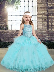 Scoop Sleeveless Tulle Kids Pageant Dress Beading and Lace and Appliques Lace Up