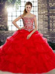 Red Ball Gowns Tulle Off The Shoulder Sleeveless Beading and Pick Ups Lace Up Quinceanera Dresses Brush Train