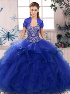 Fine Ball Gowns Quinceanera Gown Royal Blue Off The Shoulder Tulle Sleeveless Floor Length Lace Up