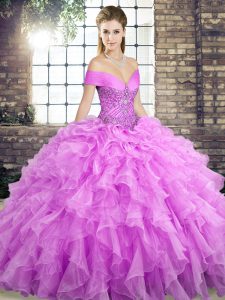 Off The Shoulder Sleeveless Brush Train Lace Up Sweet 16 Quinceanera Dress Lilac Organza