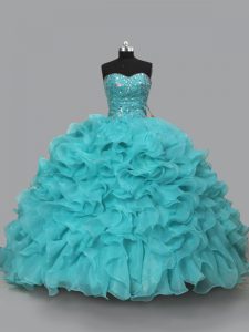Charming Sweetheart Sleeveless Lace Up 15th Birthday Dress Aqua Blue Organza