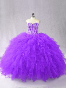 Captivating Floor Length Lace Up Quinceanera Gown Purple for Sweet 16 and Quinceanera with Beading and Ruffles