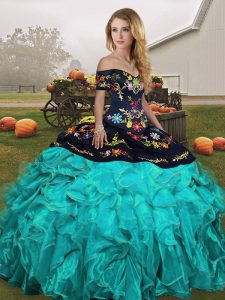Artistic Off The Shoulder Sleeveless Quinceanera Dress Floor Length Embroidery and Ruffles Blue And Black Organza