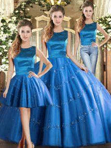 Charming Blue Three Pieces Appliques Quince Ball Gowns Lace Up Tulle Sleeveless Floor Length