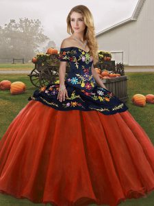 Trendy Rust Red Tulle Lace Up Ball Gown Prom Dress Sleeveless Floor Length Embroidery