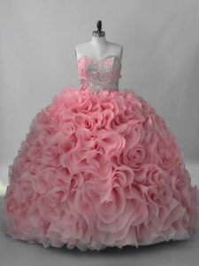 Customized Pink Fabric With Rolling Flowers Lace Up 15th Birthday Dress Sleeveless Brush Train Beading