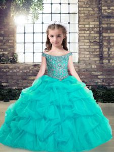 Aqua Blue Lace Up Little Girls Pageant Dress Beading and Ruffles Sleeveless Floor Length