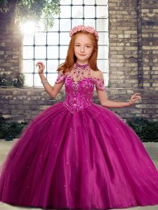 Custom Made Floor Length Lace Up Kids Formal Wear Fuchsia for Party and Wedding Party with Beading