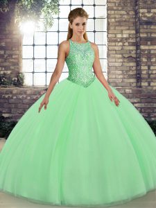 Green Lace Up Scoop Embroidery Womens Party Dresses Tulle Sleeveless