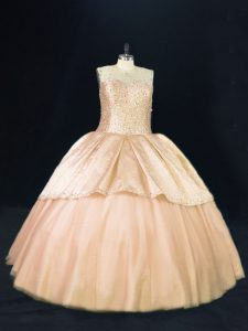 Graceful Peach Sleeveless Floor Length Beading Lace Up Quinceanera Gowns