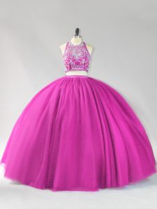 Floor Length Backless Sweet 16 Dresses Fuchsia for Sweet 16 and Quinceanera with Beading