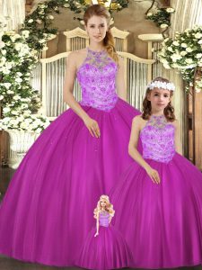Delicate Fuchsia Tulle Lace Up 15 Quinceanera Dress Sleeveless Floor Length Beading
