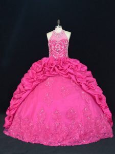 Artistic Hot Pink Lace Up Halter Top Beading and Appliques and Embroidery and Pick Ups Quince Ball Gowns Taffeta Sleeveless