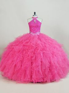 Customized Sleeveless Tulle Floor Length Lace Up Sweet 16 Dresses in Hot Pink with Beading and Ruffles