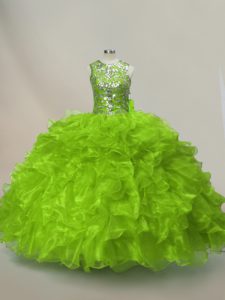 Captivating Sleeveless Floor Length Ruffles and Sequins Lace Up Quince Ball Gowns with Green