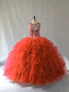 Fine Sleeveless Floor Length Beading and Ruffles Lace Up Quinceanera Dresses with Orange Red