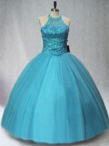 Sleeveless Tulle Floor Length Lace Up Sweet 16 Dress in Teal with Beading