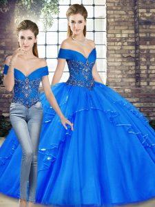 Floor Length Royal Blue Quinceanera Gown Tulle Sleeveless Beading and Ruffles